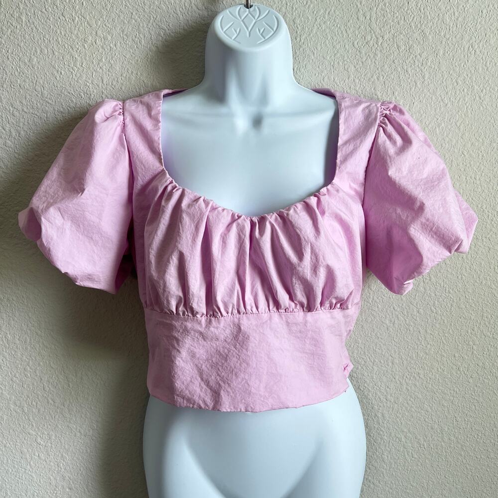Skies Are Blue Pink Poplin Bubble Sleeve Crop Top Women's S Cotton Fitted